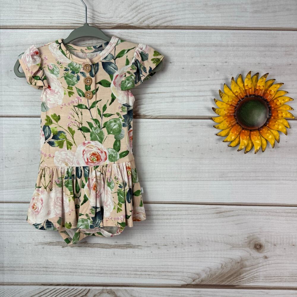 Posh Peanut Harper Floral Bamboo Ruffle Romper Dress 3-6 Months Pink Green